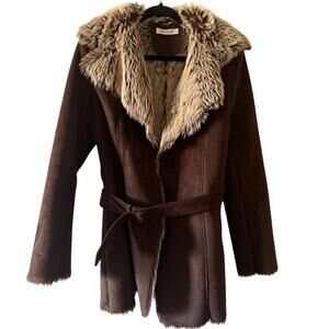 Balmain Brown Faux Suede Coat – Faux Fur Lined, Belted, Mid-Length, Size S